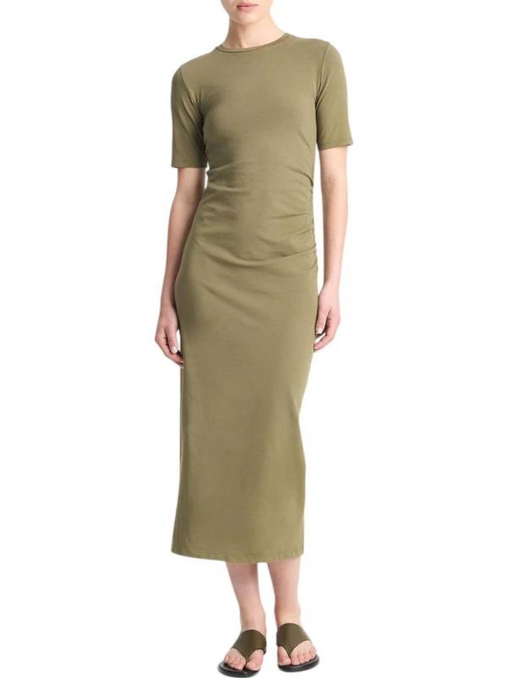 Vince Short Sleeve Side Drape Dress Olive Green XS NEW Minimalist QuietLuxury